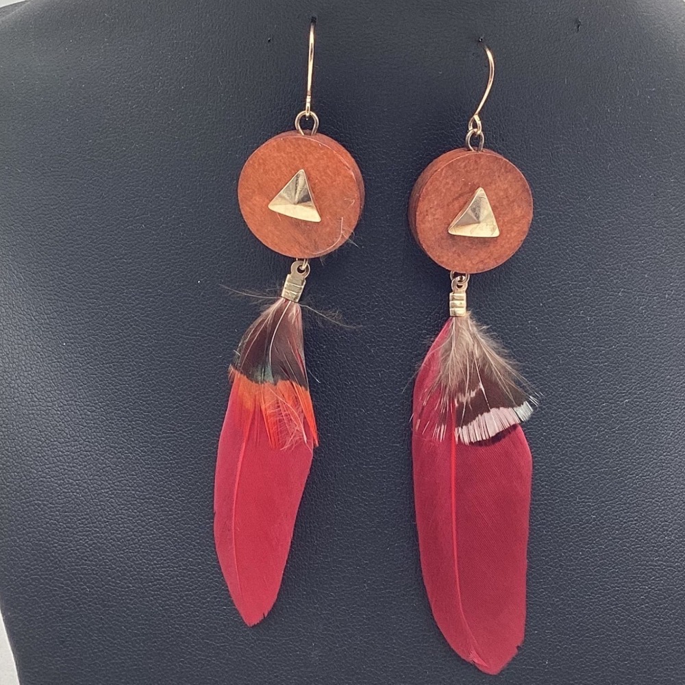 Boho Red Feather‎ Wood Disc Gold Pyramid Drop Dangle Earrings Festival Style